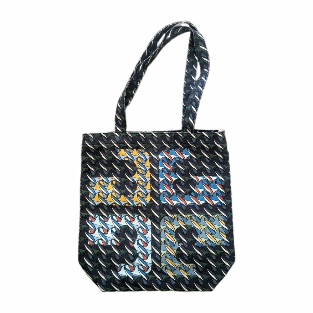 Tory Burch Swan Curly Ribbon Geometric Canvas Tote Bag Black Multicolor 2 Looks